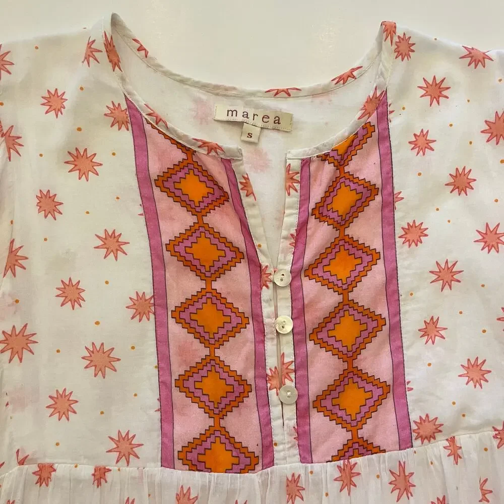 Marea Tiki Dress S Mini Starburst Aztec Print Beachy Coverup Boho Resort‎ White